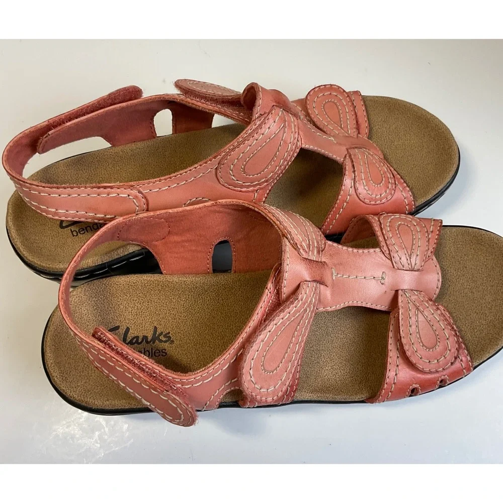 Clarks Bendables Coral Pink Leather Slingback Wedge Sandals 65780 Womens 8M lexi